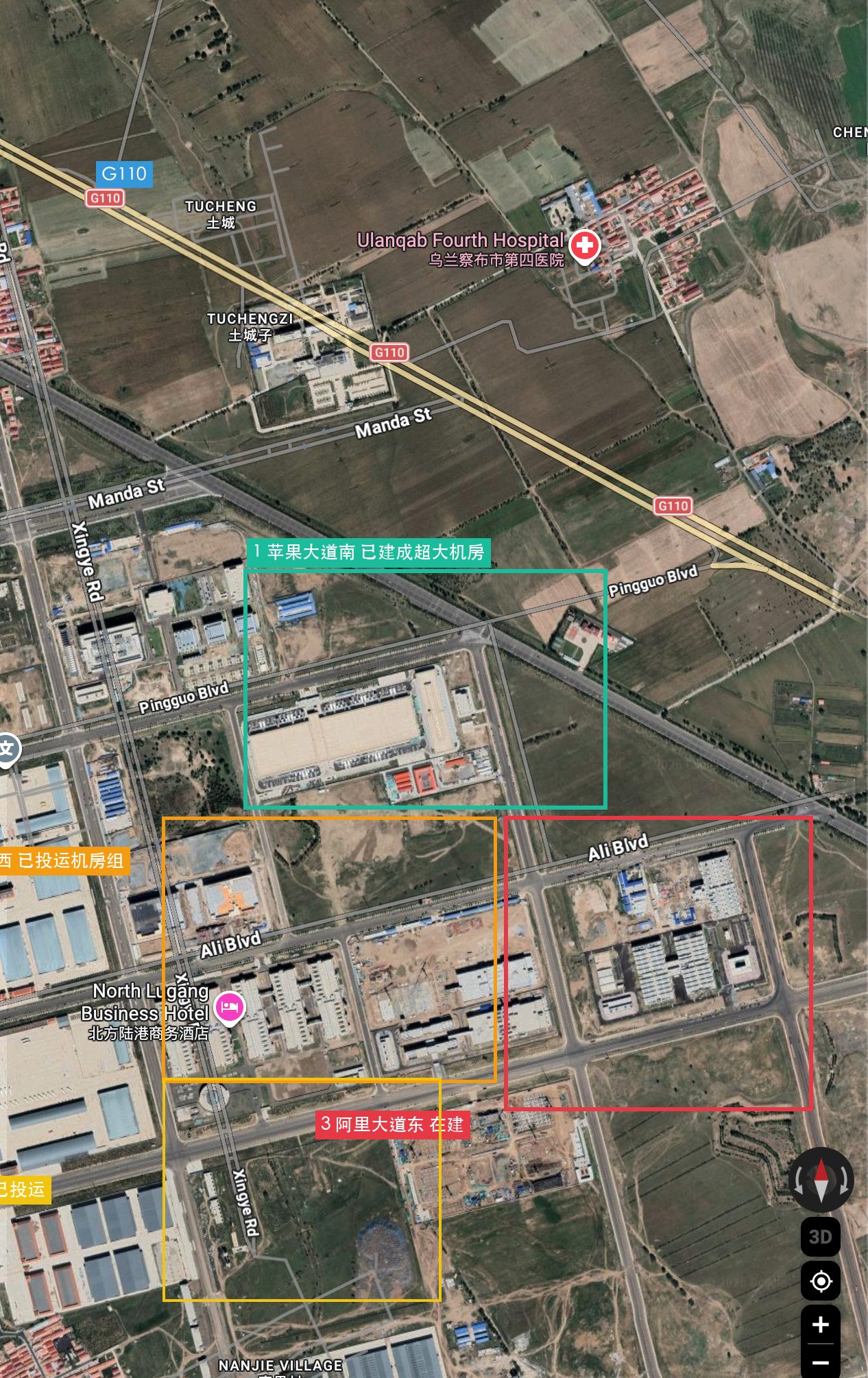 益武堂组团全景：华为、苹果、阿里机房沿苹果大道与阿里大道排布