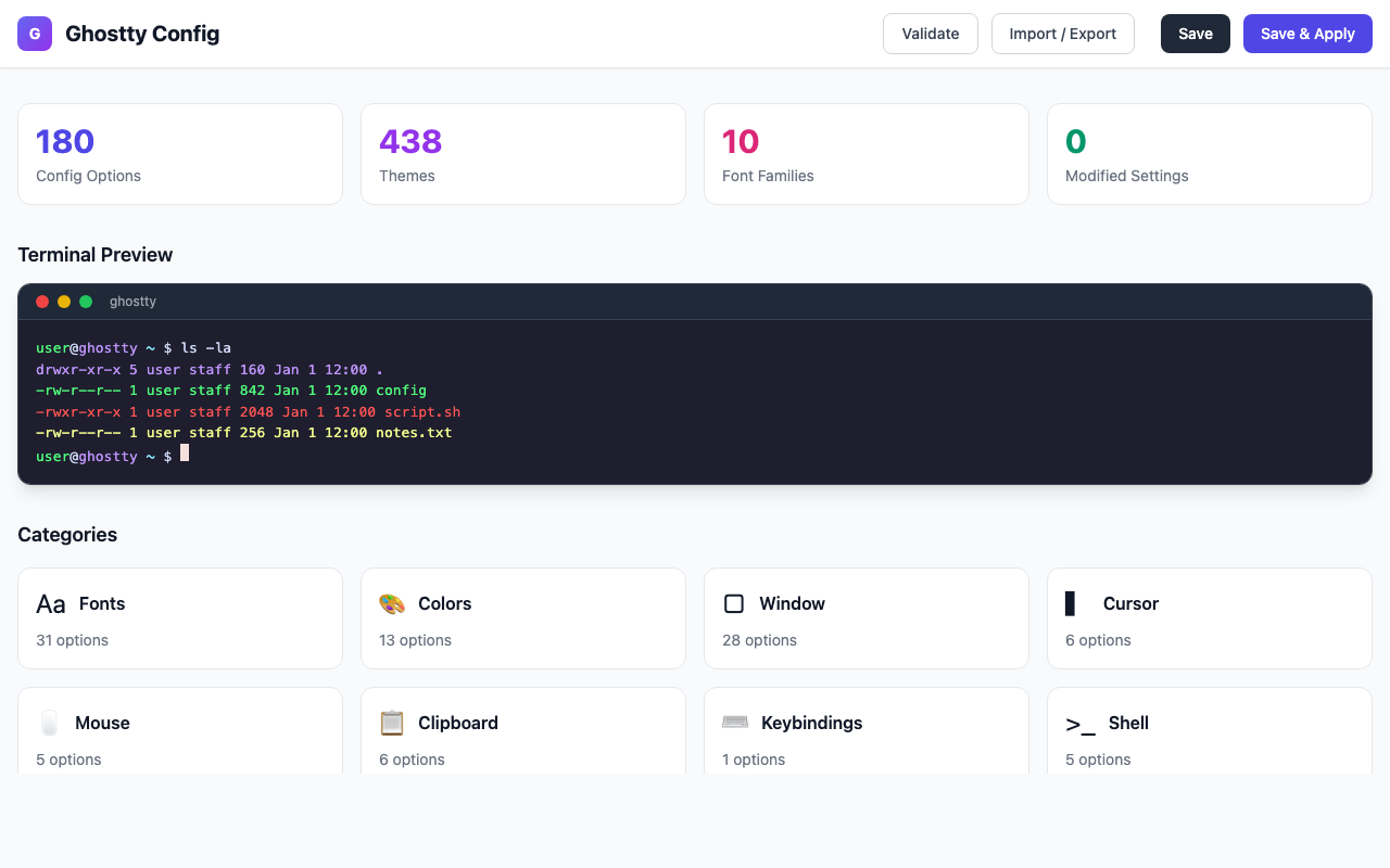 ghostty-config dashboard showing terminal preview, config options, and theme browser