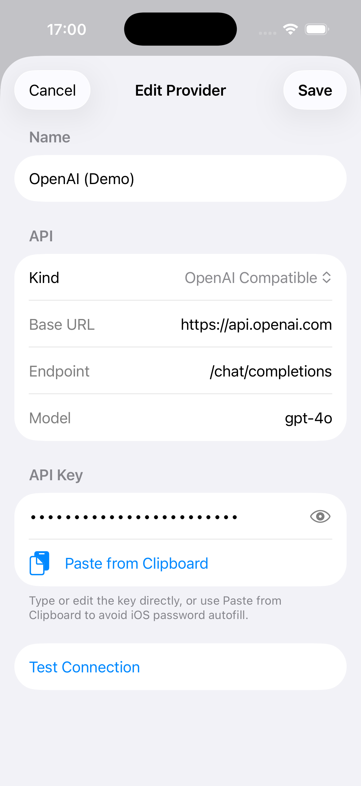 AI provider with masked API key