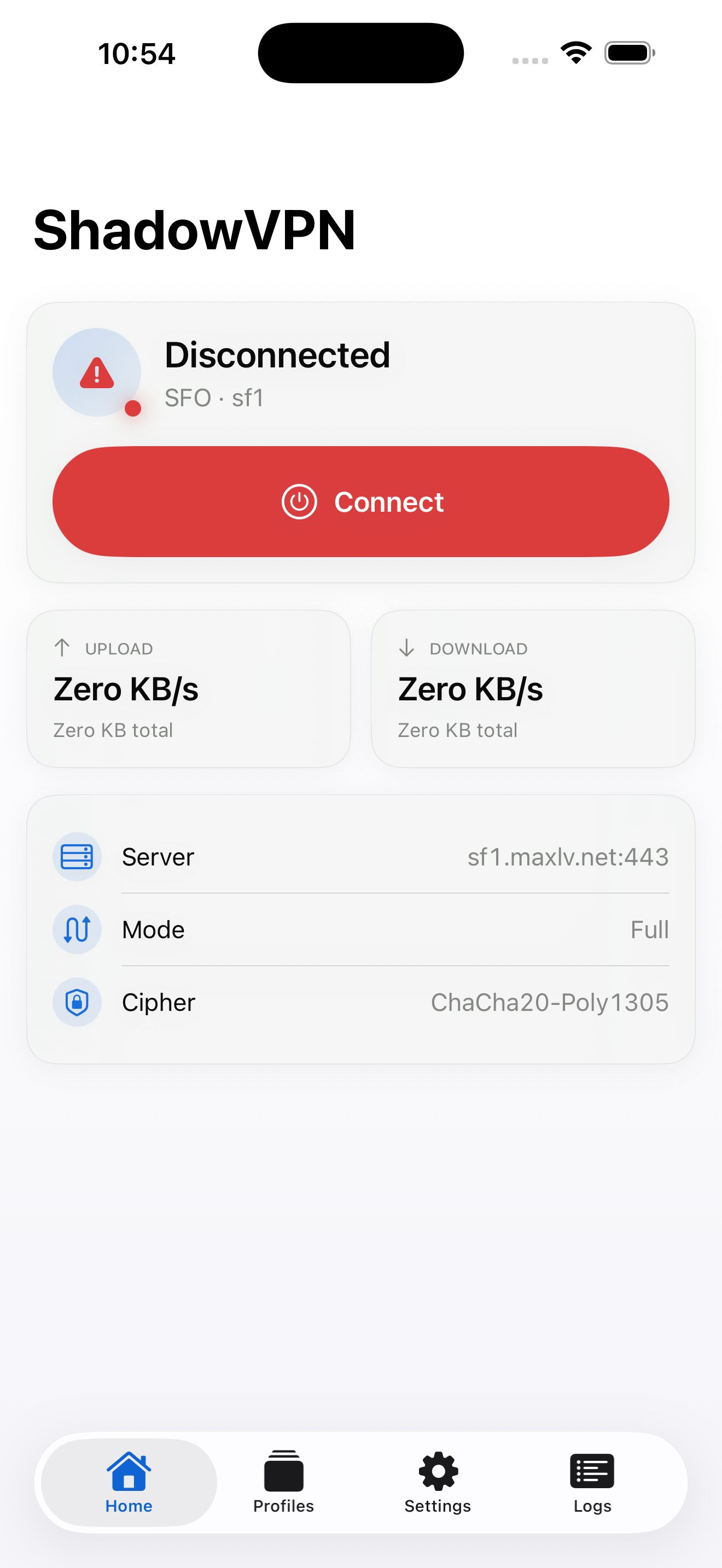 Home — connection toggle and live traffic